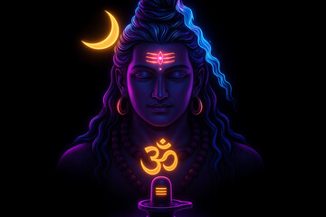 Glowing mahadev portrait with om symbol and shivling for shib chaturthi meditation background spiritual energy artwork mahadev parvati divine concept in neon style