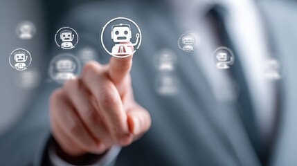 Fototapeta premium A finger touches a robot icon on a screen with other robot and person icons in the background