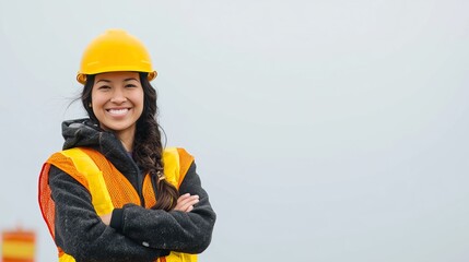 Naklejka premium Portrait of young Latina engineer in yellow helmet, smiling confidently, clear sky background