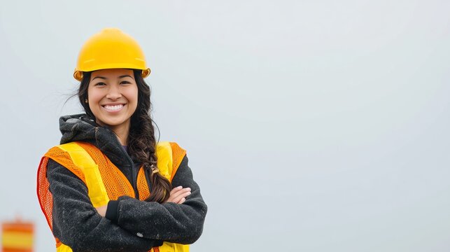 Portrait of young Latina engineer in yellow helmet, smiling confidently, clear sky background