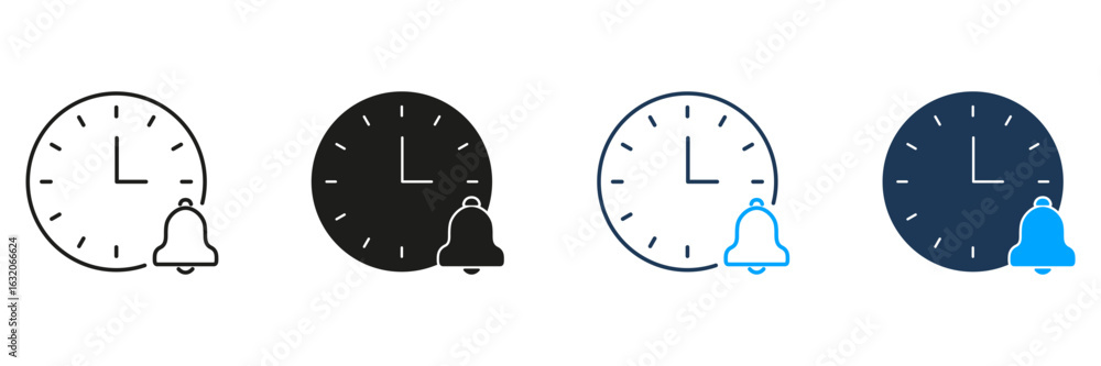 Poster clock with bell line and solid icon set. time management, alarm notification, and reminder alert sym