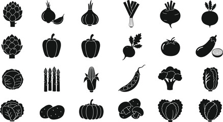 Black vegetable icon set, healthy food clipart, organic vegetables silhouette, farm produce graphic, kitchen ingredient design, vector collection