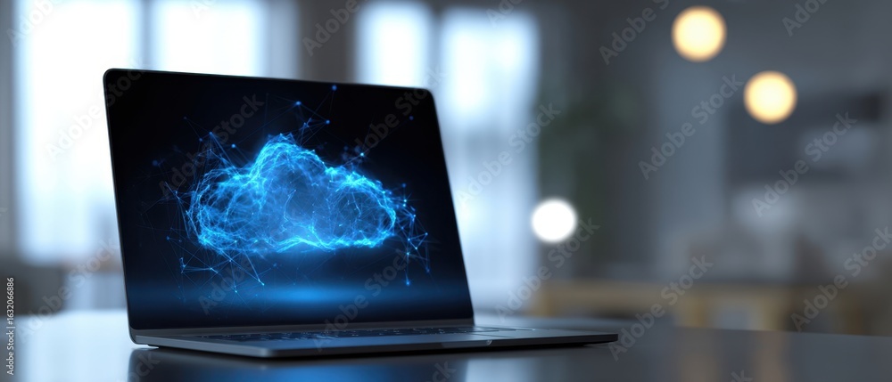 Poster the laptop displaying a glowing cloud symbolizing digital connectivity and technology.
