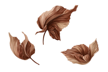 Three stylized, light brown leaves, rendered with a painterly texture, appear to be floating or falling against a transparent background