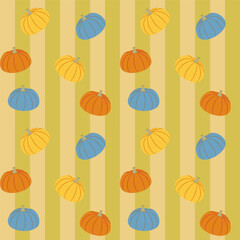 Beautiful colorful fall pumpkins,strips seamless pattern. Autumn vector colorful flat design.Cute October harvest textile.Halloween holiday illustration.Organic vegetable garden food background decor.
