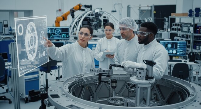 Team collaboration in a cleanshop environment refining the design and build of rotating astronomical dome components.