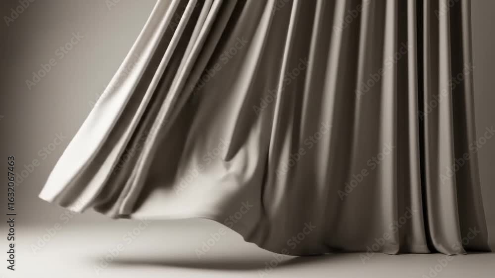 Poster Elegant Gray Curtains Flowing Down in a Minimalist Studio with Subtle Shadows and Light