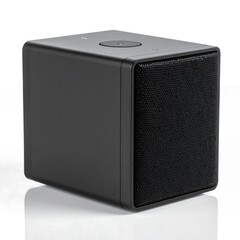 Obraz premium Black rectangular wireless smart speaker with fabric grille and top controls on white background, studio shot.