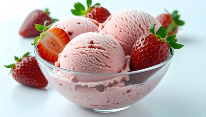 Strawberry Ice Cream Scoops with Fresh Strawberries in Clear Glass Bowl