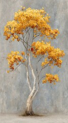 Autumnal birch tree against textured wall