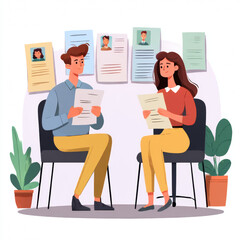 Man and woman office workers standing in front of list of job applicants. Concept of choice of worker or personnel, staff recruitment or employee hiring. Flat cartoon colorful vector illustration.