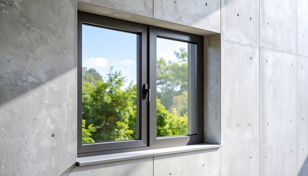 Modern Gray Window in Concrete Wall with Green Trees and Blue Sky View