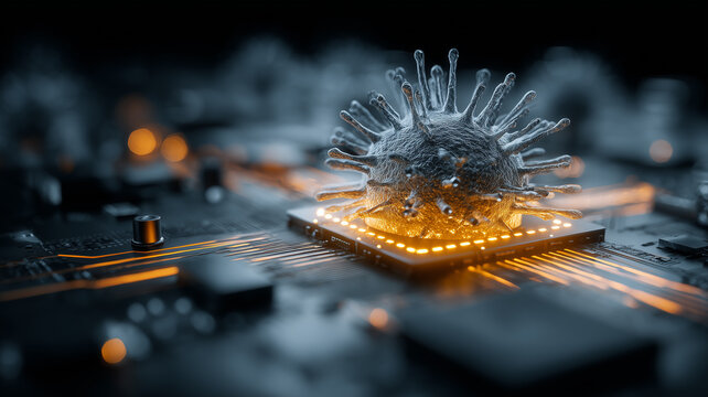 Spiked Digital Pathogen Overheats Central Chip Emphasizing Systemic Vulnerability
Depicts catastrophic malware payload compromising core processing intelligence.