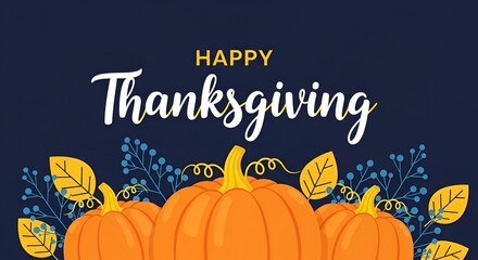 Happy Thanksgiving Festive Pumpkins, Autumn Leaves, and Berries Design