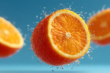 Fresh Orange Slice Splashing in Water on Blue Background for Juicy Fruit Concept