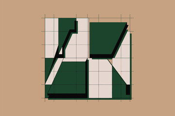 Abstract geometric shapes in green and white with grid lines on a tan colored background