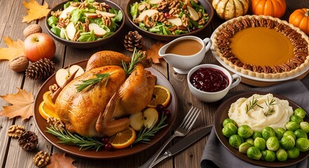 Delicious Thanksgiving Dinner Feast: Roasted Turkey, Sides, And Pie