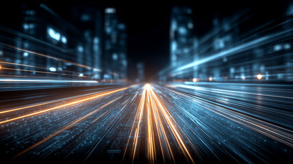 Fototapeta premium Futuristic Data Streams Racing Through Smart City Avenue. Symbolizes ultra-fast connectivity empowering digital transformation and urban innovation.