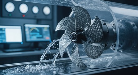 3Dprinted fuelefficient shipping propeller model installed in a cavitation tunnel for performance evaluation under simulated marine conditions.