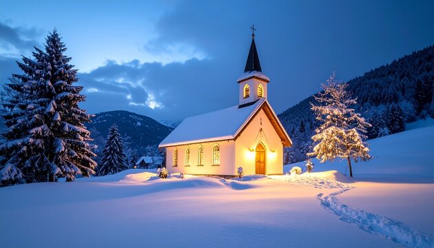 Snowy Christmas village church glowing in winter evening