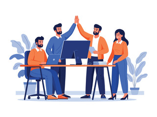 A team of colleagues celebrates a successful project with a high-five in their modern office.