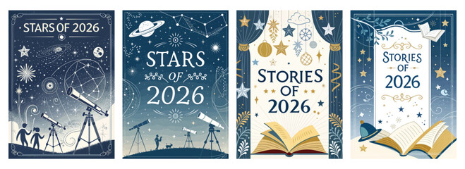 Set of four posters featuring telescopes books and celestial motifs