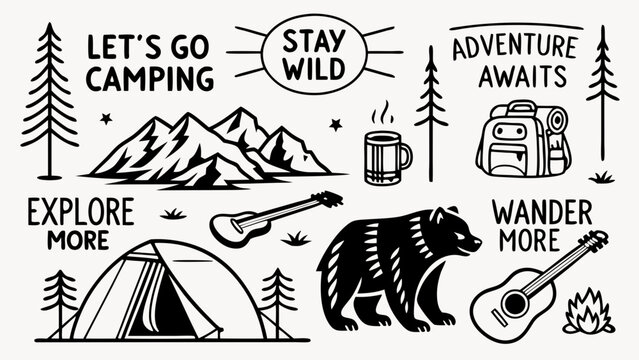 Camping Adventure Icons Mountains Bear Tent Guitars Backpack.