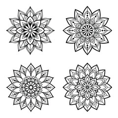 Mandala Floral Icon Set, Decorative Black and White Vector Ornaments