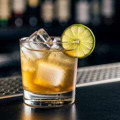 Golden cocktail with lime garnish on a bar.