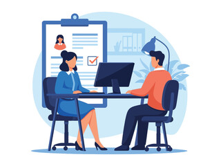 A female HR manager conducts a job interview with a male candidate in a modern office, reviewing his application.