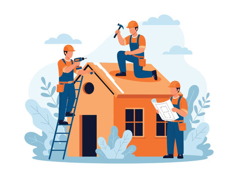 A team of construction workers builds a house, with one on a ladder, another on the roof, and a foreman reviewing blueprints.