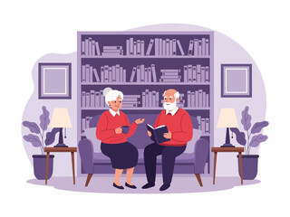 An elderly couple relaxes on a sofa in their home library, the man reading a book while the woman listens.