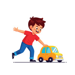 A happy cartoon boy wearing a red shirt and blue jeans is pushing a yellow toy car.