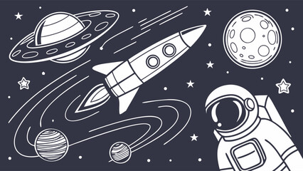 Cartoon Space Scene with Astronaut Rocket Planets UFO and Stars.