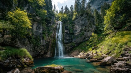 Scenic waterfall cascading into an emerald pool, surrounded by cliffs and lush forest