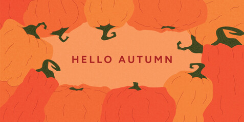 Autumn composition with pumpkins in red and orange tones framing center space. Fall season greeting card or banner. Vector illustration for seasonal decor, marketing, web, poster, print.
