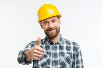 White male engineer in plaid shirt and hard hat, thumbs up, bright white background