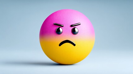 Fototapeta premium Pink and yellow angry face with a frown. The face is made of a rubber material and is sitting on a blue surface