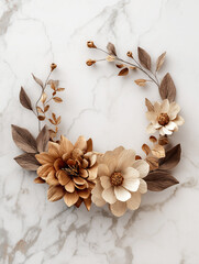 A beautiful, elegant, and minimalistic paper wreath with flowers on a white marble background.