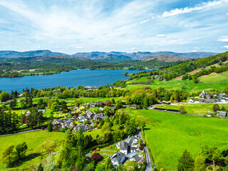 Farms and Fields from a drone, Townend house, Troutbeck, Windermere, Lake District, Cumbria, UK