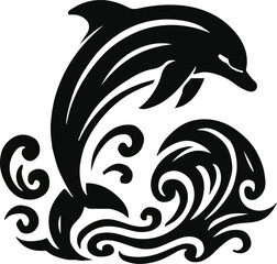 Stylized Dolphin Tattoo Design – Black and White Illustration with Splash Elements