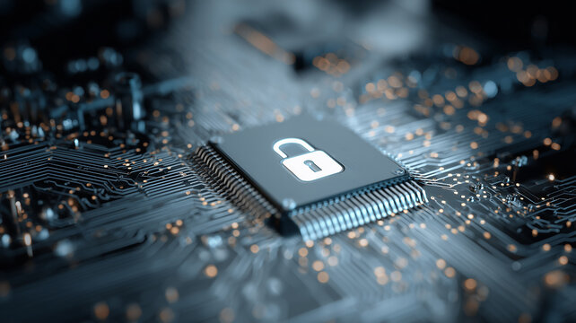 Integrated circuit featuring an illuminated padlock icon emphasizes built in secure processing for trusted computing platforms.