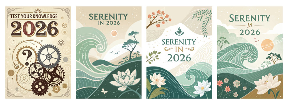 Set of four posters featuring mechanical nature designs and serene landscapes