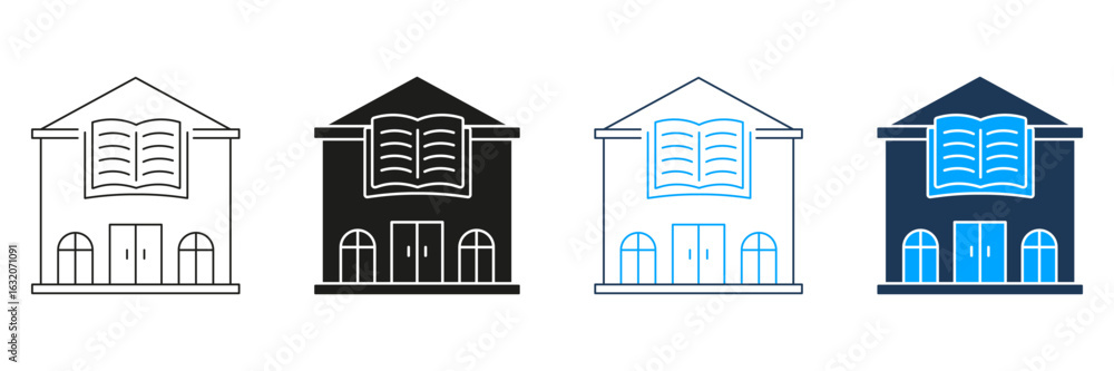 Poster library building with open book line and solid icon set. knowledge, education, and learning center s