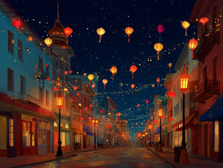 Fototapeta premium Chinatown street decorated with lanterns, night scene