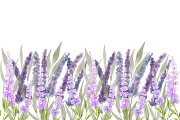 Wreath of lavender flowers in watercolor paint style. The lavender elegant card with frame of flowers. Lavender garland for your text presentation. Vector illustration.