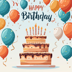 Vector birthday banner with a large colorful birthday cake