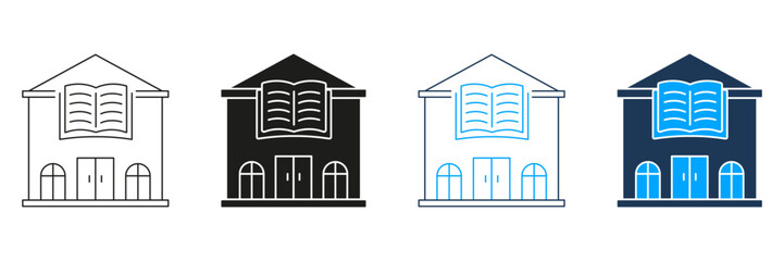 Library Building With Open Book Line And Solid Icon Set. Knowledge, Education, And Learning Center Symbol Collection. Academic Institution Representation. Isolated Vector Illustration
