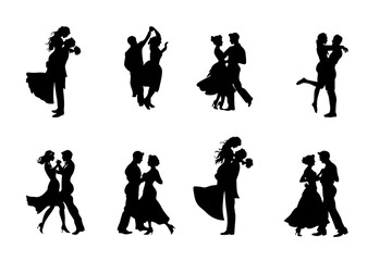 Eight couples dancing in silhouette isolated on transparent background