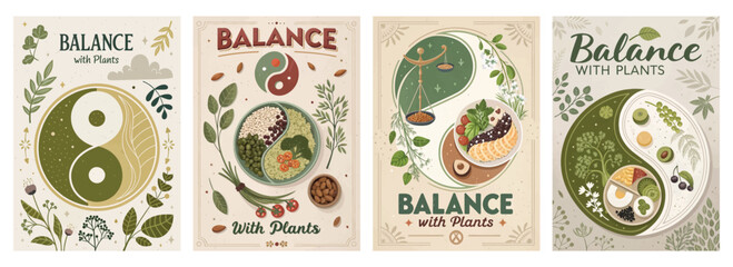 Set of four posters featuring nature-inspired plant designs in harmony